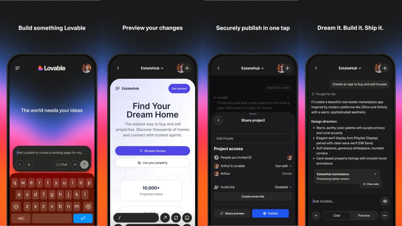 Créez des sites et des web apps depuis votre smartphone. ©Lovable