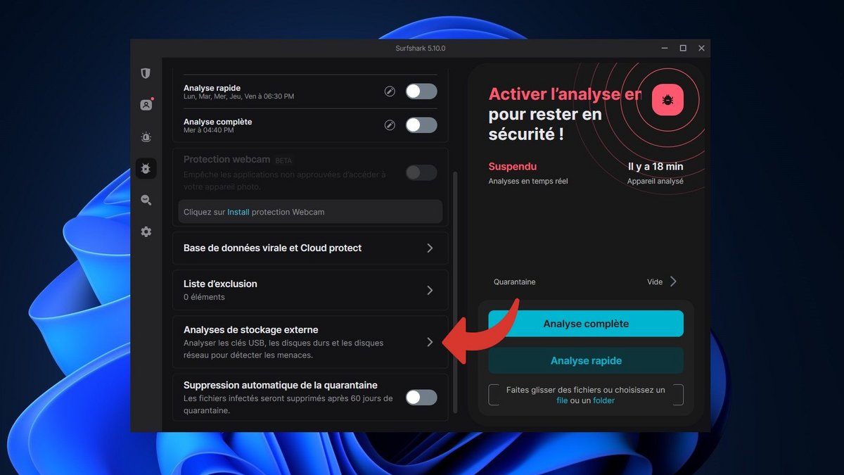 Surfshark Antivirus - Accédez aux réglages d'analyse du stockage externe © Clubic