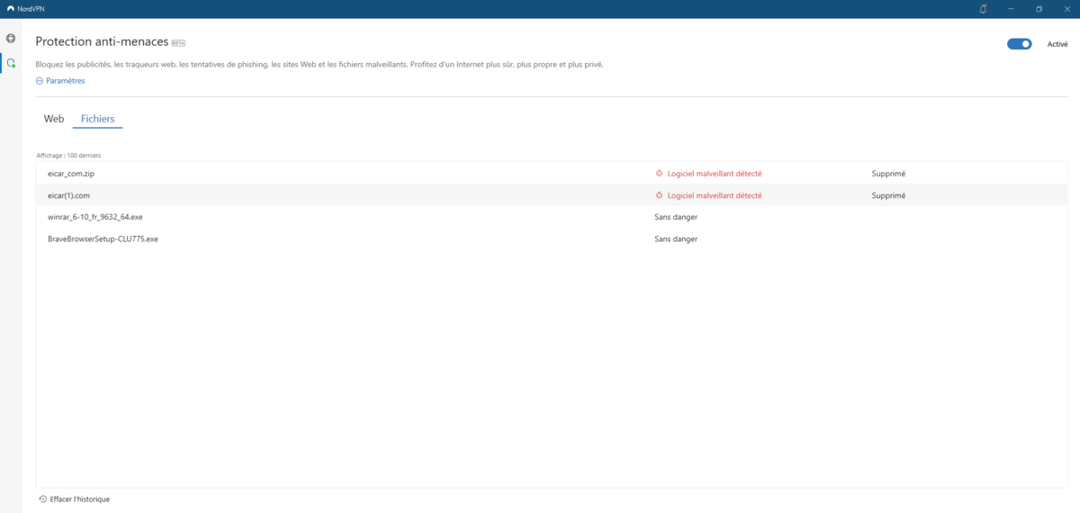 NordVPN Protection Anti-menaces - Suppression de fichiers considérés comme dangereux
