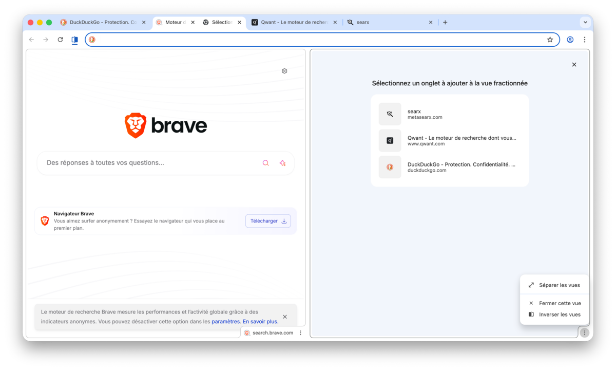 Google Chrome vue fractionnée split view