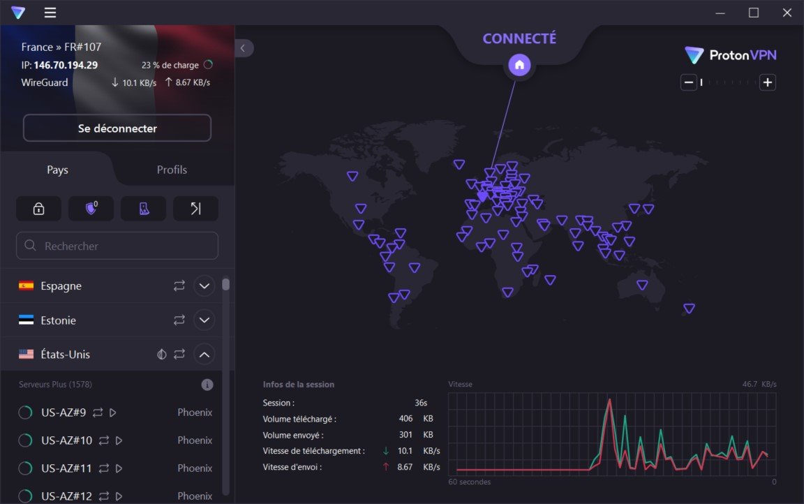 Proton VPN - L'interface de connexion aux serveurs