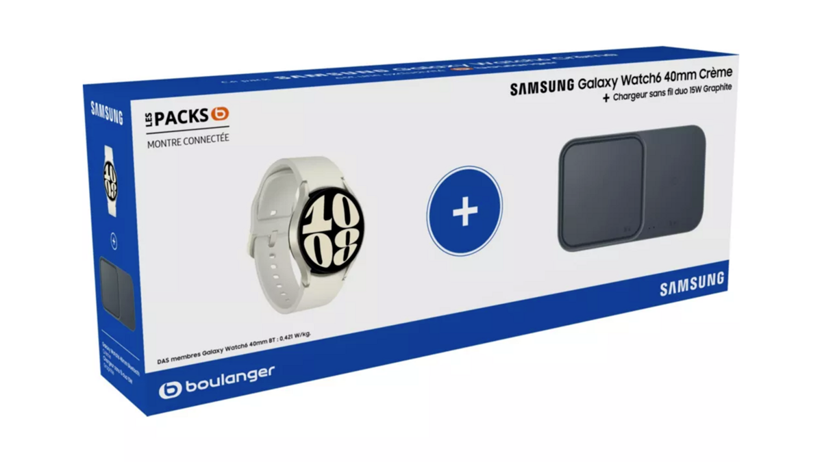 Le pack Boulanger avec la montre connectée Samsung Galaxy Watch6 et le chargeur duo
