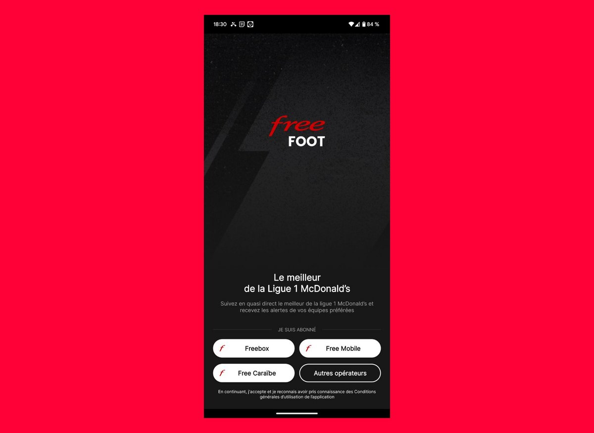 Voici à quoi ressemble l'application Free Foot à son ouverture © Alexandre Boero / Clubic