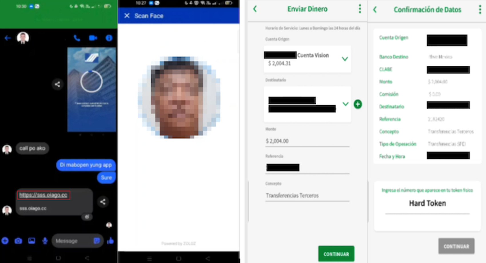  Captures d'écran montrant : 1) un opérateur incitant une victime philippine à installer un fichier APK malveillant sur sss.oiago[.]cc via Facebook Messenger ; 2) le déploiement ultérieur par l'opérateur d'une procédure de vérification KYC ; 3) et 4) le retrait par l'opérateur des fonds de la victime auprès de BBVA Mexique. © Chong Lua Dao