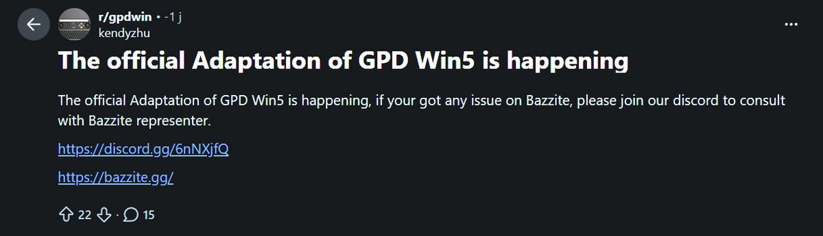 Sur Reddit, l'annonce d'un représentant de GPD avec serveur Discord à l'appui. ©Reddit