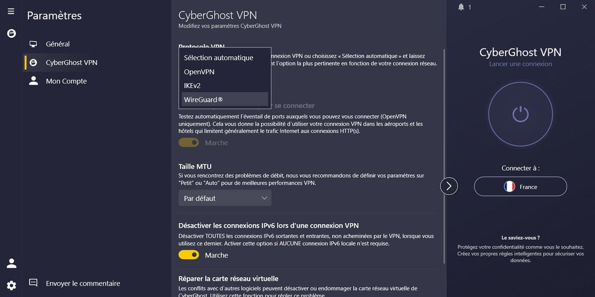 CyberGhost - Les protocoles VPN disponibles. © Clubic