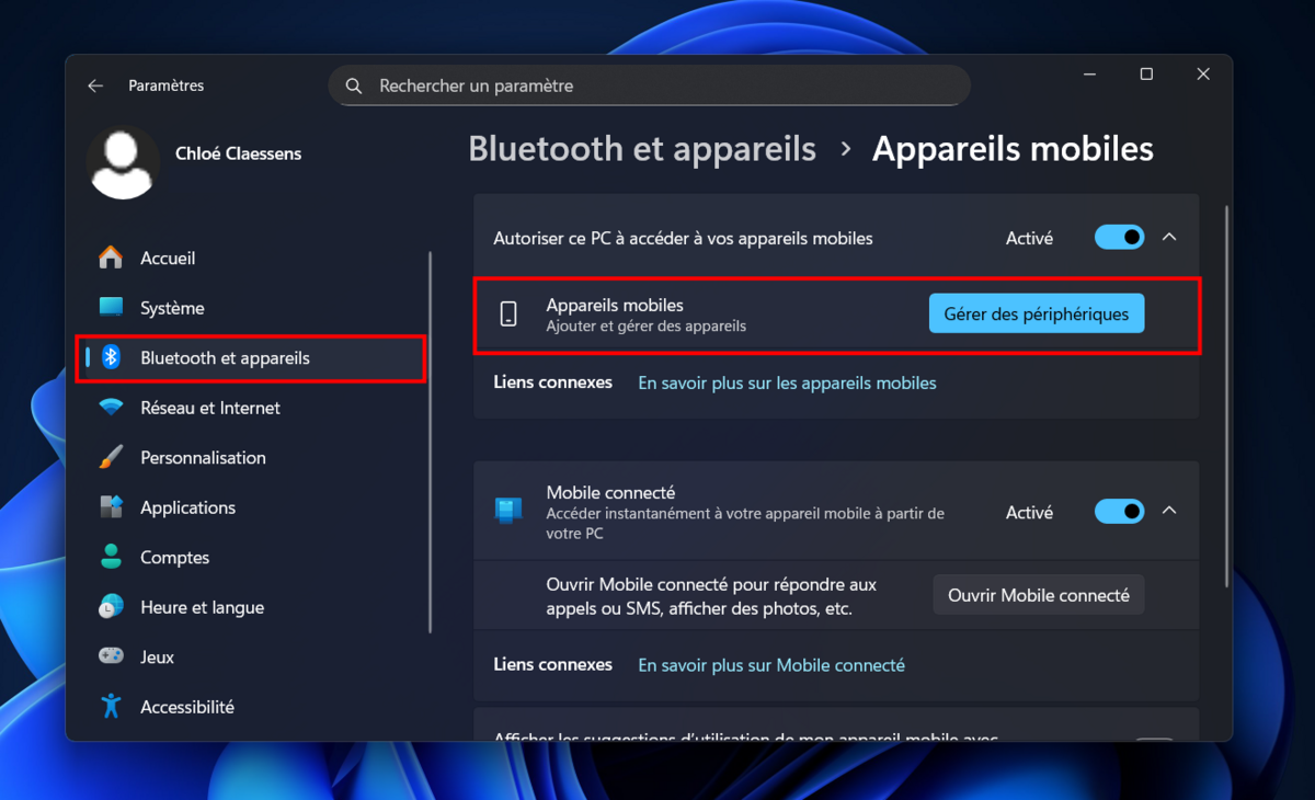 Accédez à l'option de gestion des périphériques dans les Paramètres de Windows 11. © Clubic