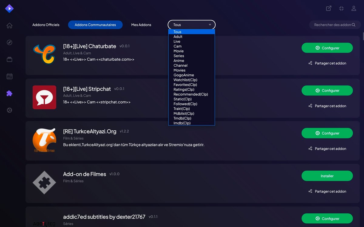 De nombreux add-ons conçus par la communauté © Stremio