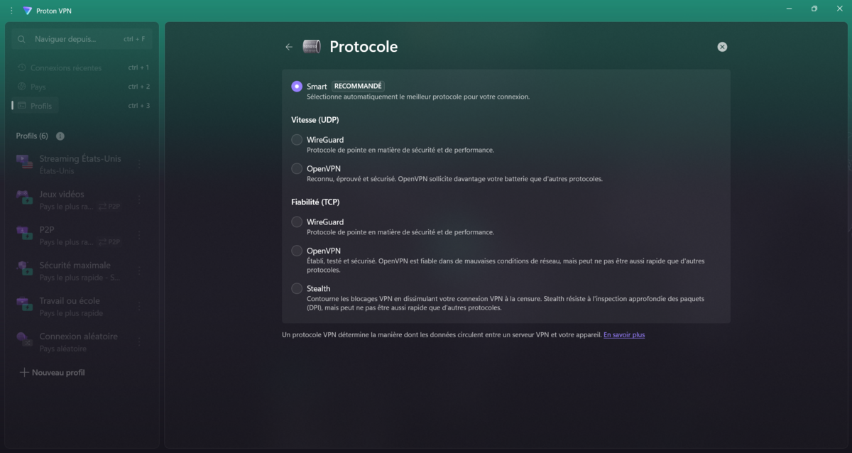 Proton VPN - Le choix des protocoles. © Clubic