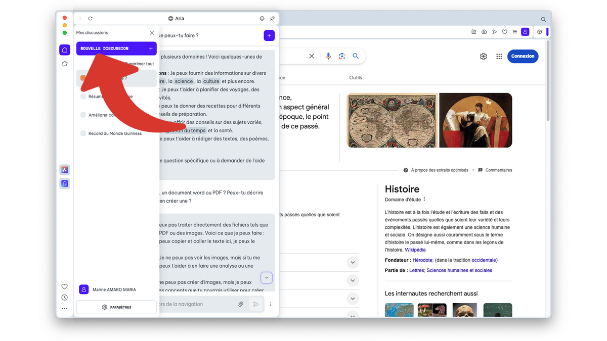 Créer une nouvelle discussion avec Aria © Clubic