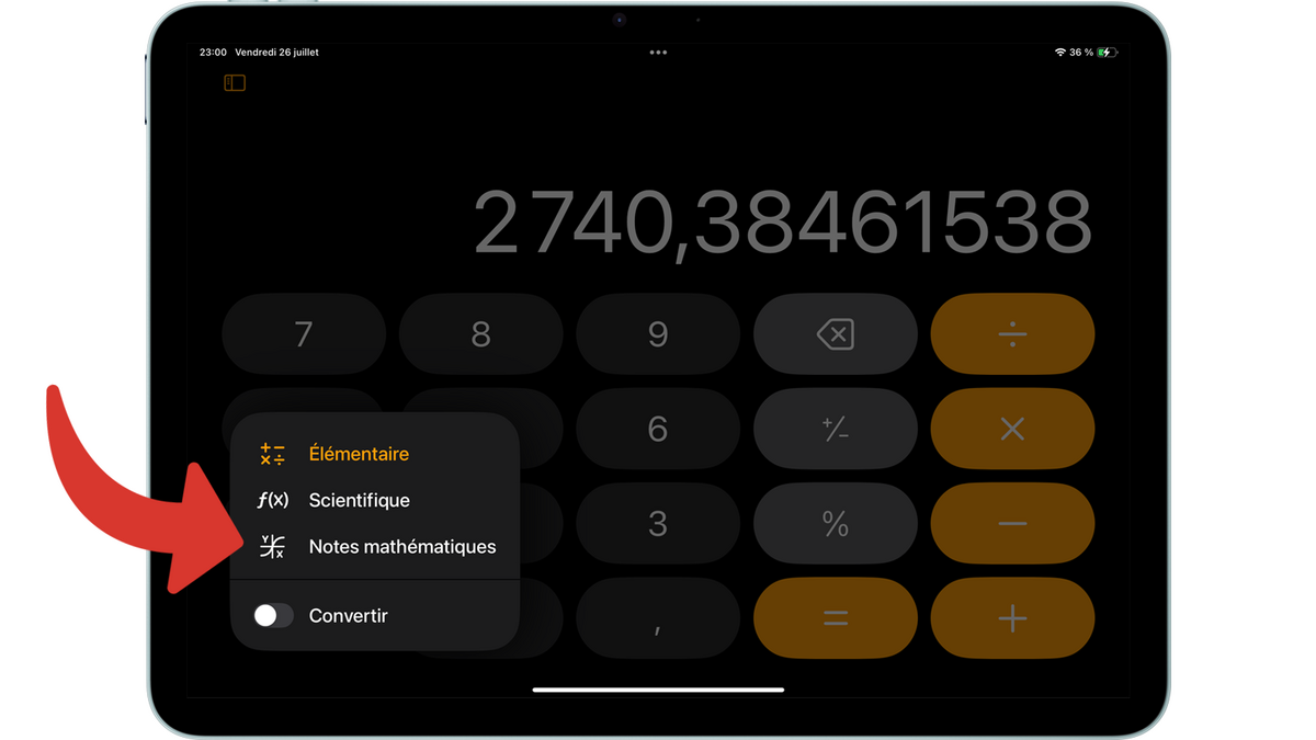 Accéder à Math Notes depuis la Calculette d'iPadOS 18 © Clubic