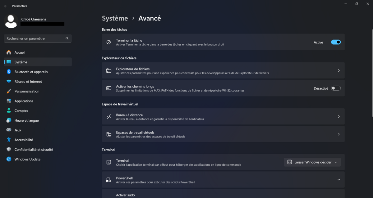 Les nouveaux paramètres avancés de Windows 11 regroupent les options développeur et de nombreux réglages utiles pour le grand public. © Clubic