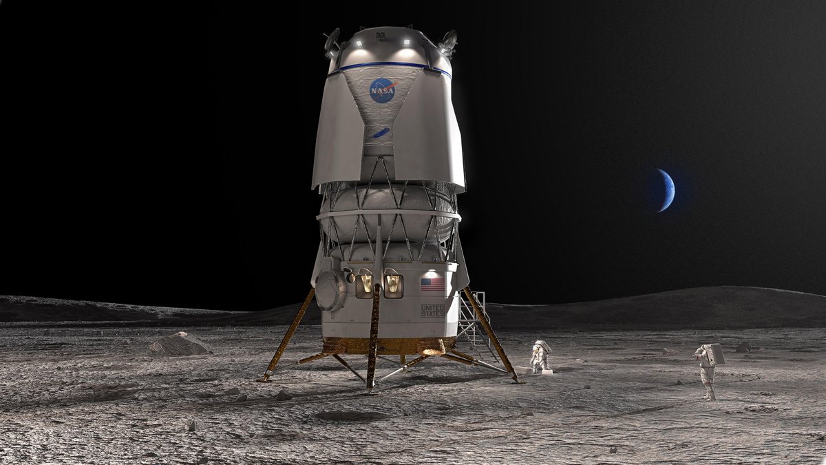 Vue d'artiste de l'atterrisseur lunaire Blue Moon de Blue Origin. Les astronautes sont à l'échelle... Crédits Blue Origin