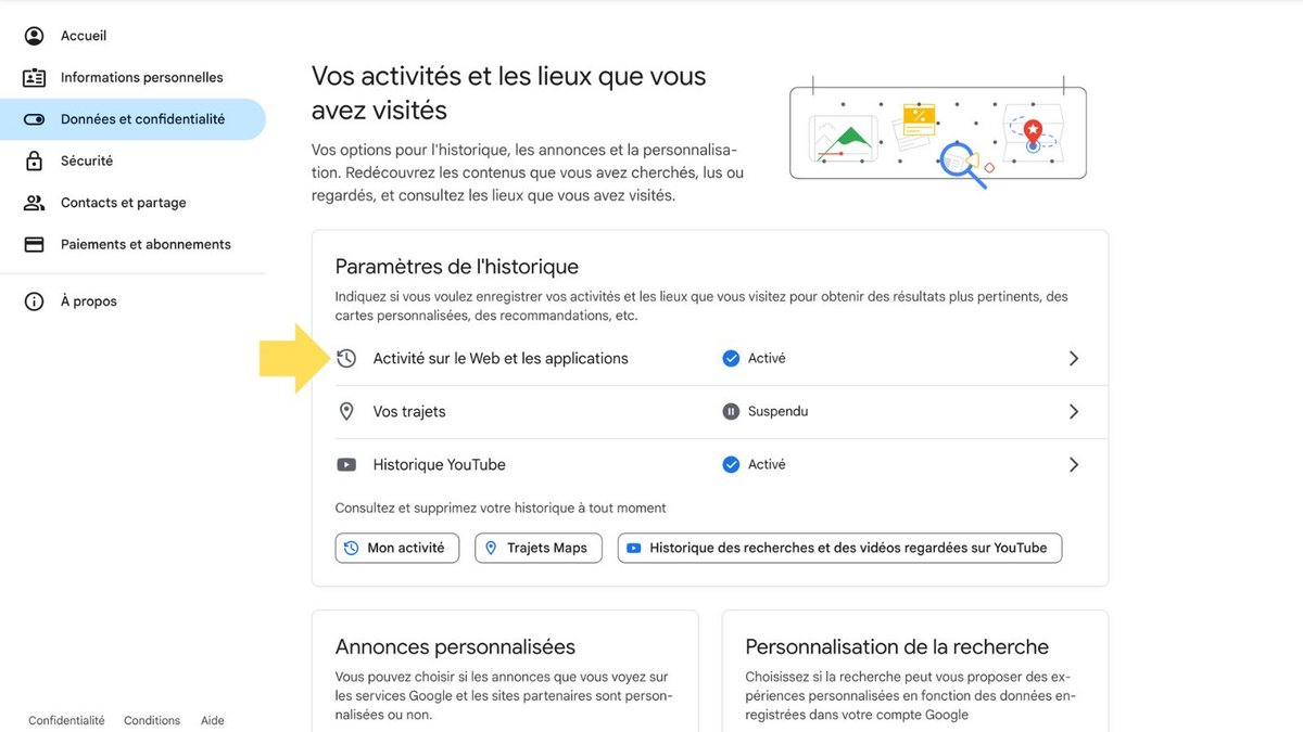 Gérez vos activités sur le web et vos apps. ©Google