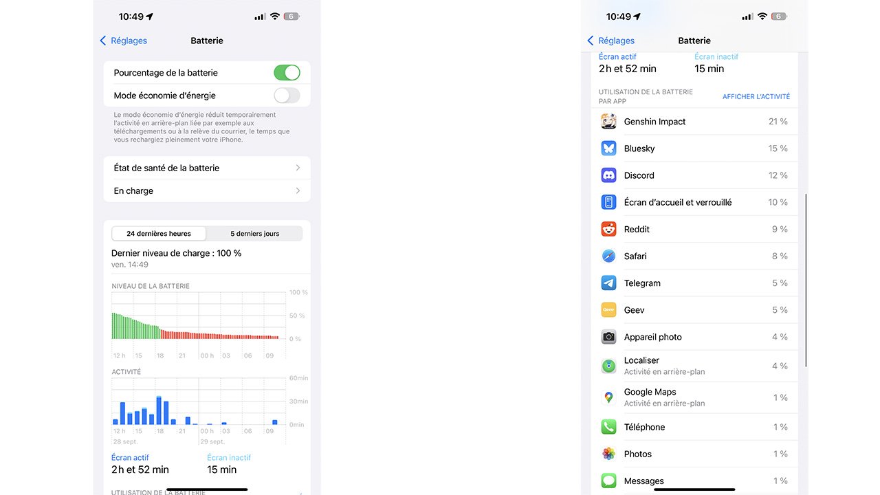 Les données de charge d'un iPhone 16 Pro Max. © Pierre Crochart pour Clubic