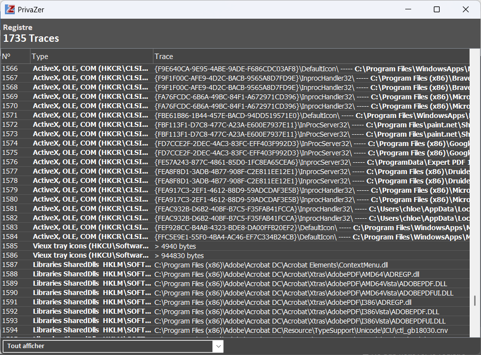 PrivaZer - Le rapport des traces "nettoyables" de la base de Registre. © Clubic
