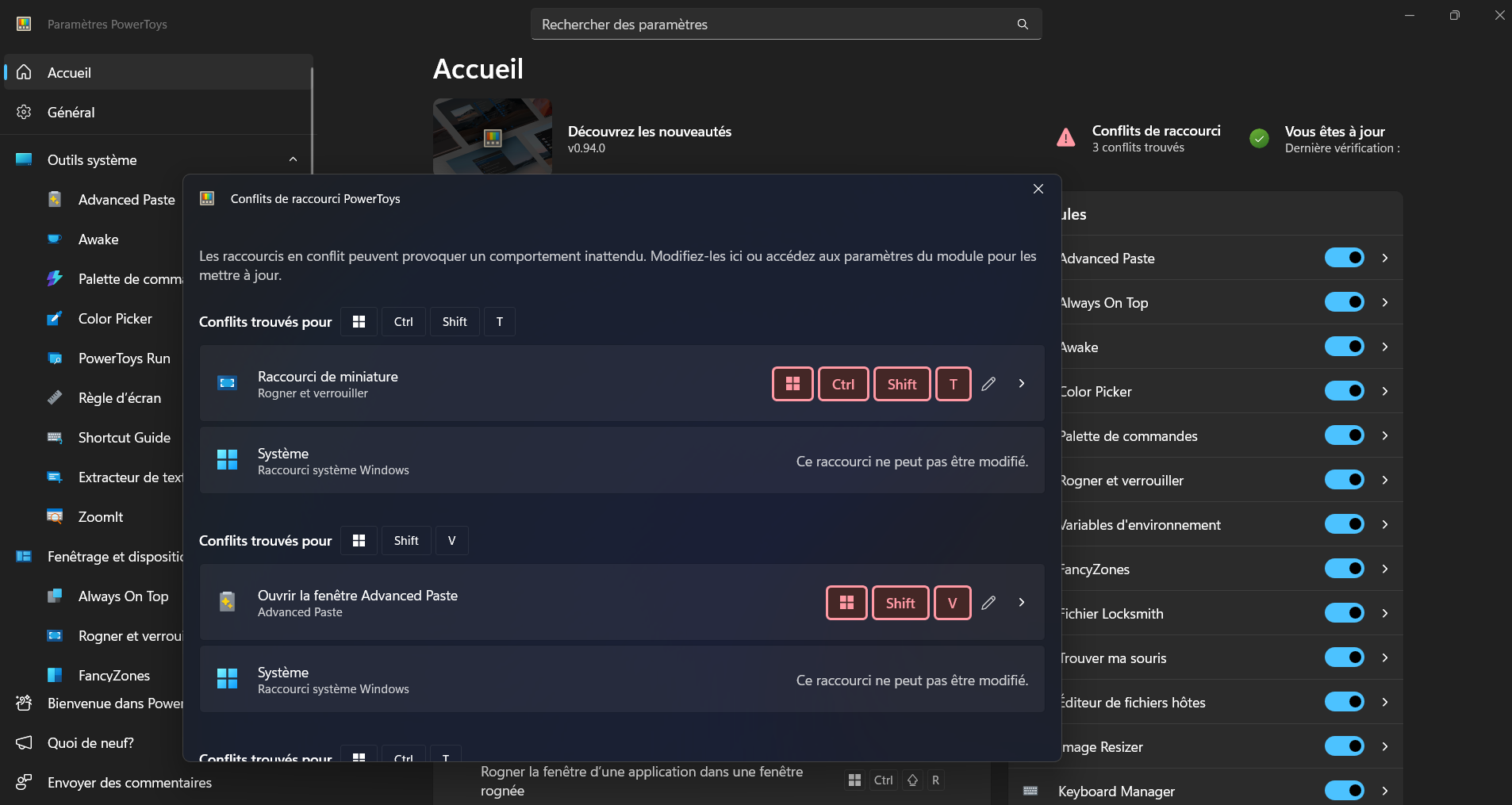 PowerToys signale désormais les conflits de raccourcis et vous aide à les réassigner sans avoir à farfouiller dans les paramètres de chaque module. © Clubic