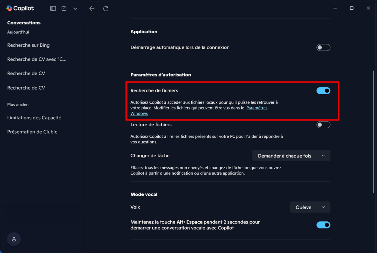 Activez la recherche de fichiers dans les réglages de Copilot. © Clubic