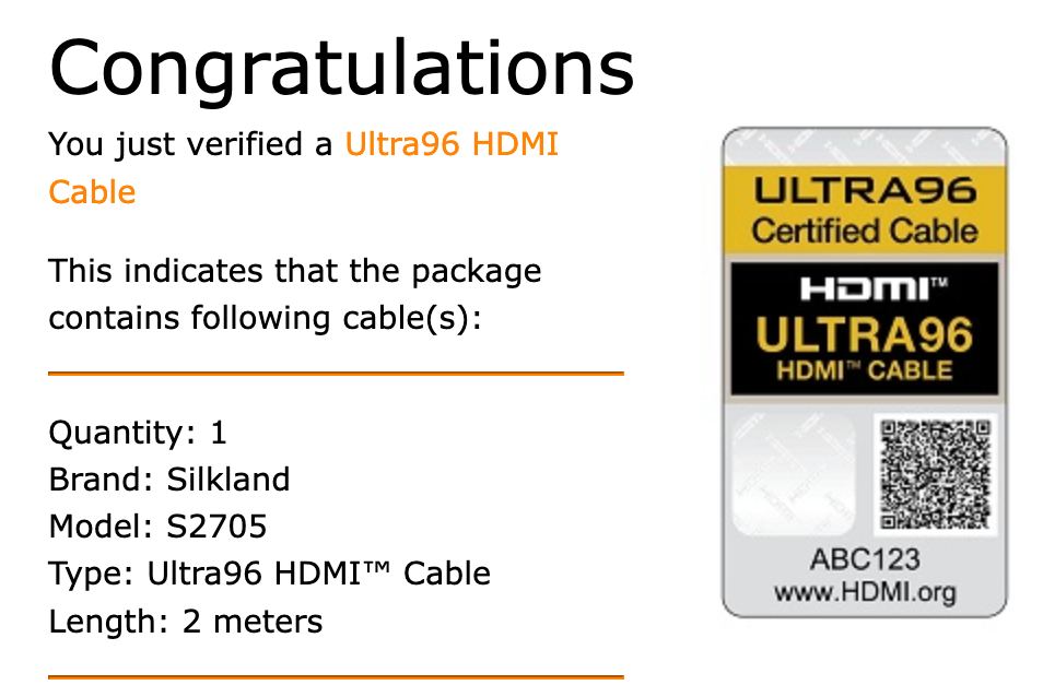 Le câble de 2 mètres de Silkland est certifié Ultra96. ©HDMI