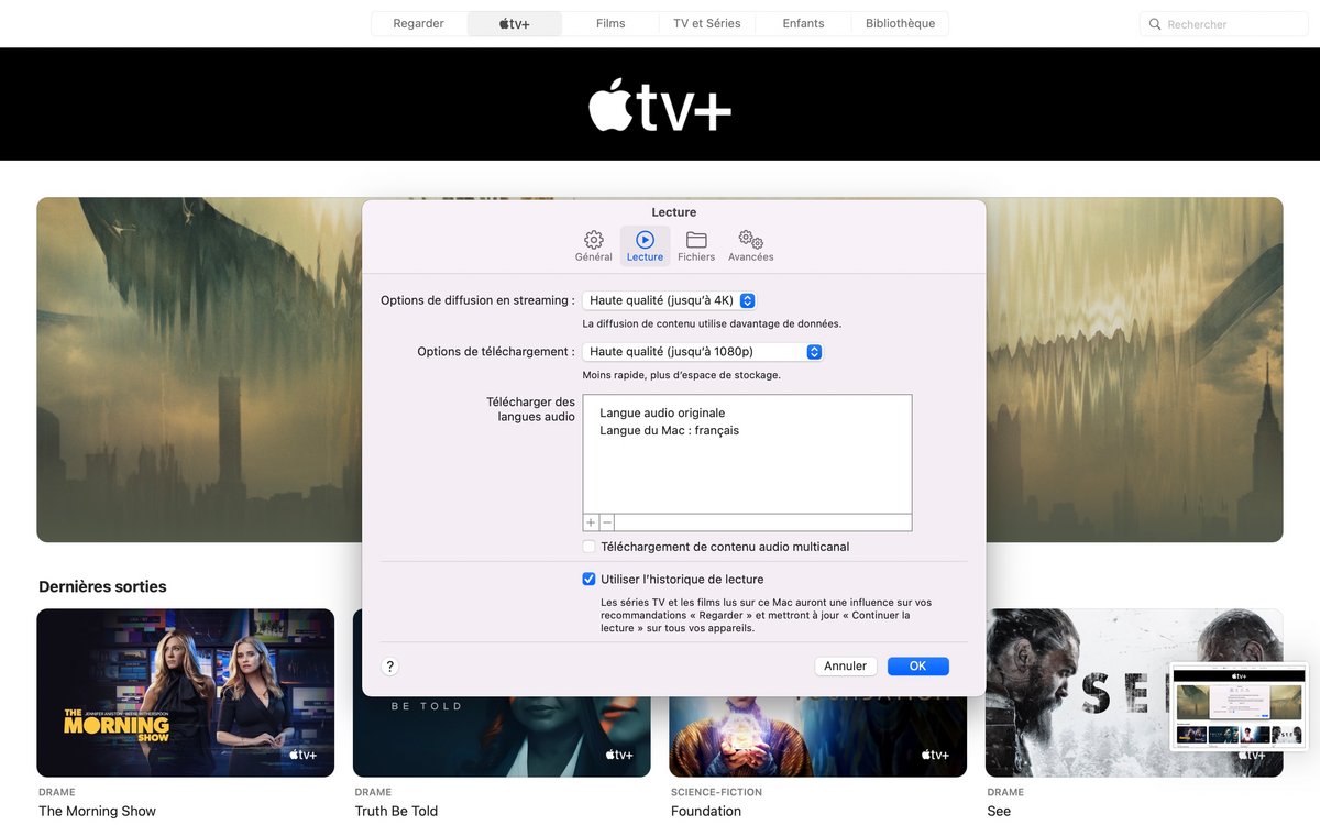 Apple TV+ - Les paramètres de lecture