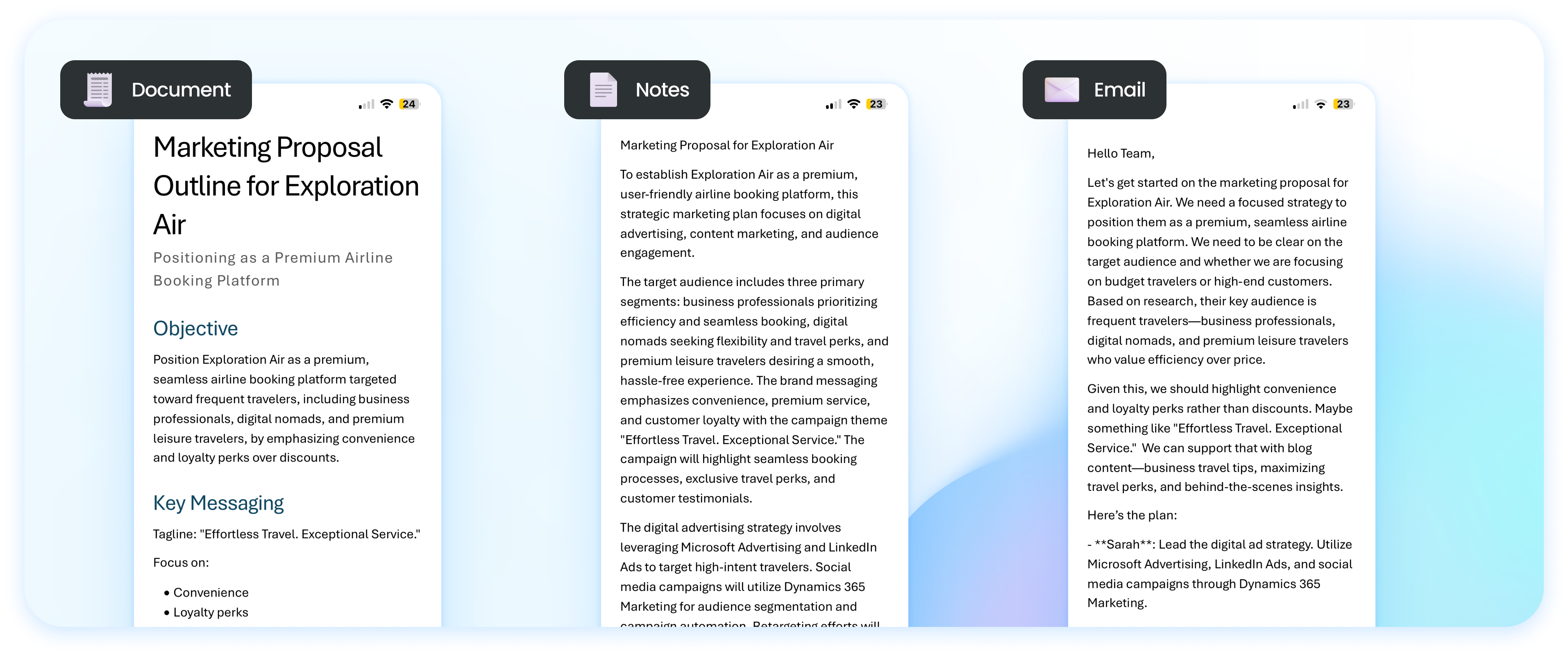 Sur iOS, Copilot dans Word vous permet de choisir entre trois formats préconfigurés (document, note, mail), ou de créer votre propre structure de texte. © Microsoft