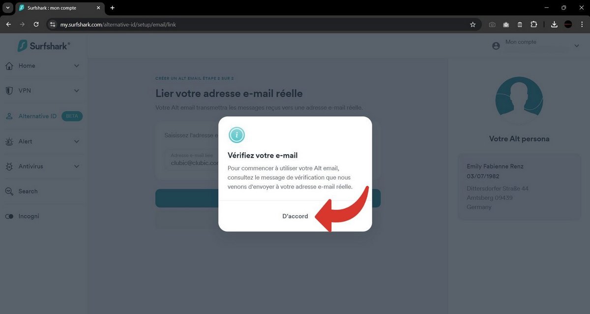 Surfshark vous envoie un code unique à 6 chiffres pour vérifier la validité de votre adresse mail réelle © Clubic
