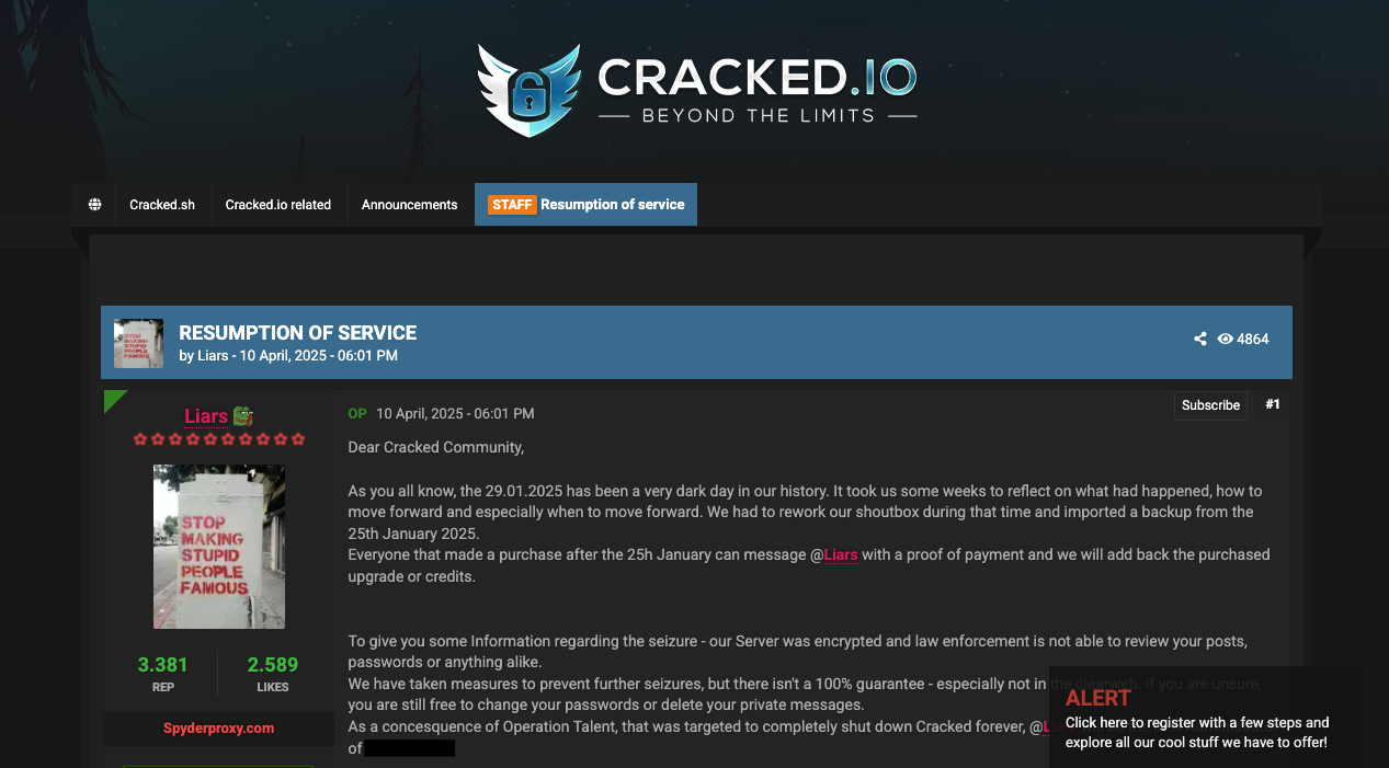 Dans son post de réouverture, le nouvel admin de Cracked confirme la résurrection du site à partir d'une sauvegarde datant de quatre jours avant les opérations du FBI. © Clubic