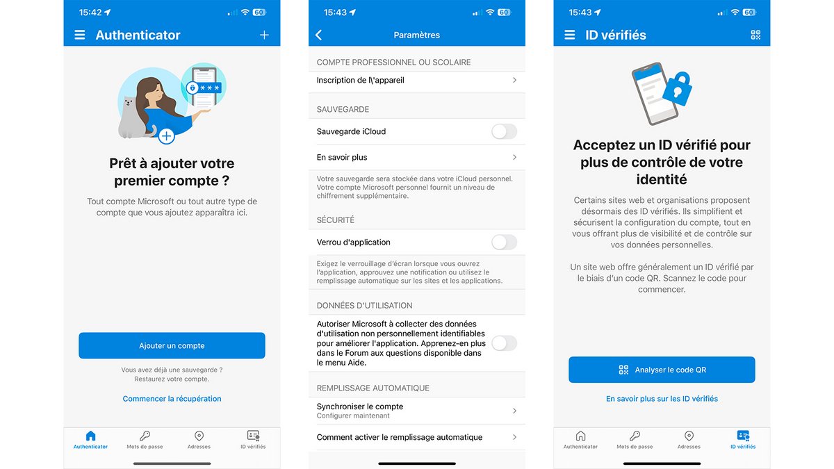 Microsoft Authenticator écrans de l'application