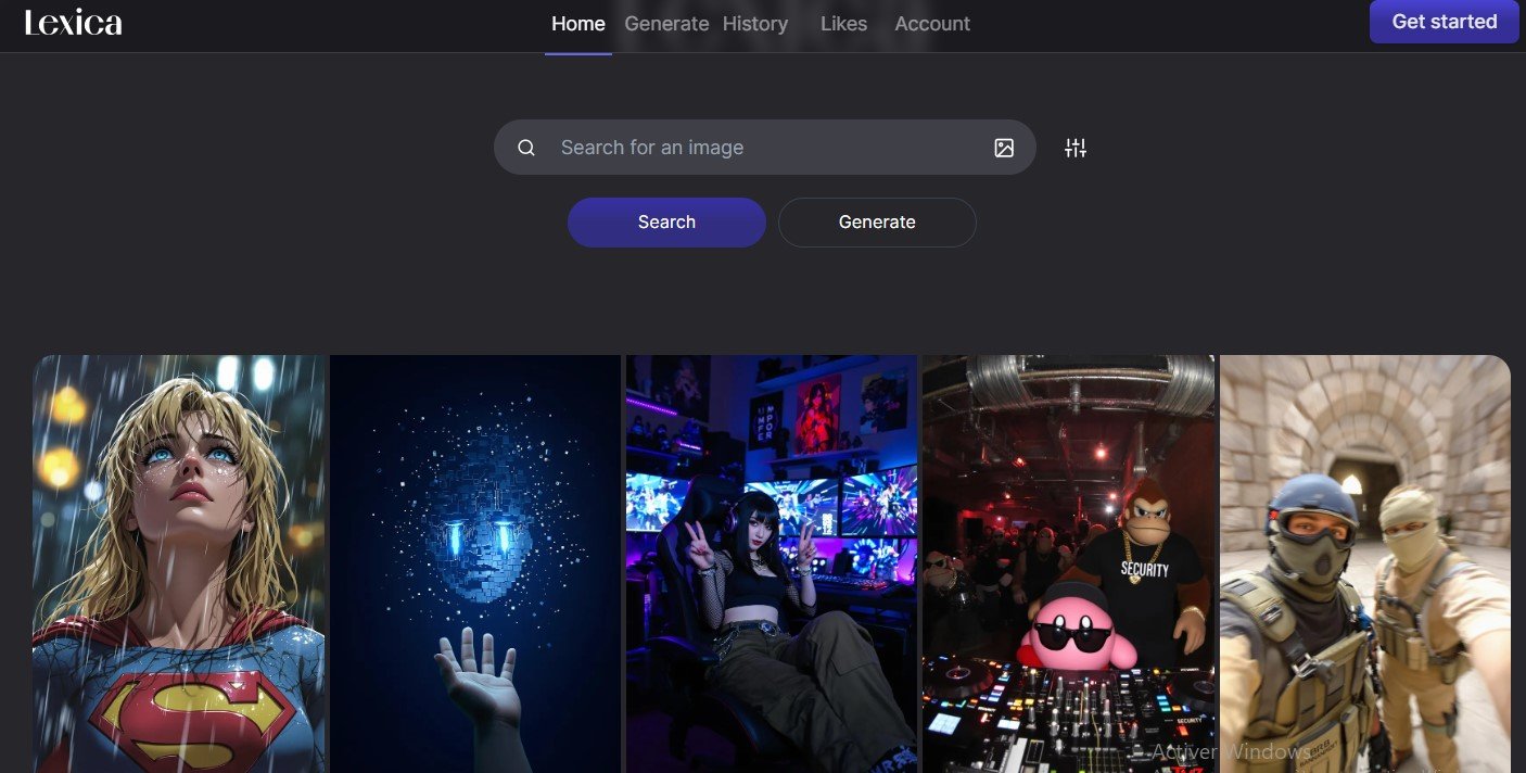 Le générateur Lexica affiche une interface sombre avec une barre de recherche, des options de génération d’images et une galerie visuelle comprenant plusieurs créations variées.
