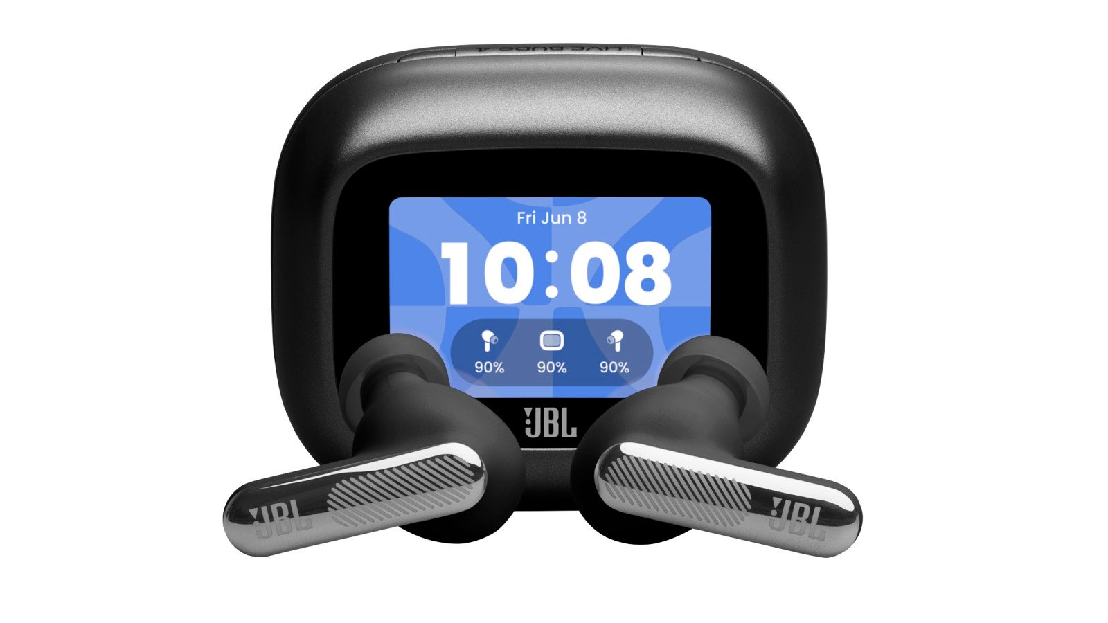 Les écouteurs JBL Live Beam 4 et leur boîtier de recharge intelligent. ©JBL