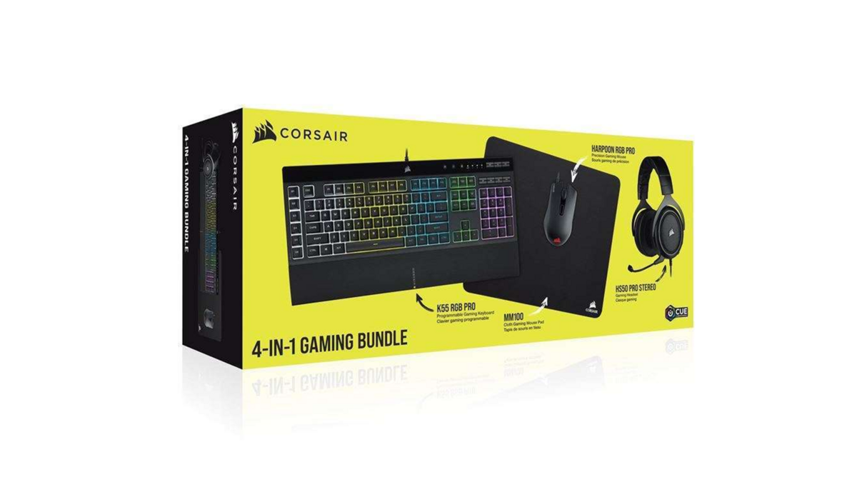 Le bundle Corsair Gaming avec le clavier K55 RGB Pro, la souris Harpoon RGB Pro, le casque HS50 Pro Stéréo et le tapis de souris MM100