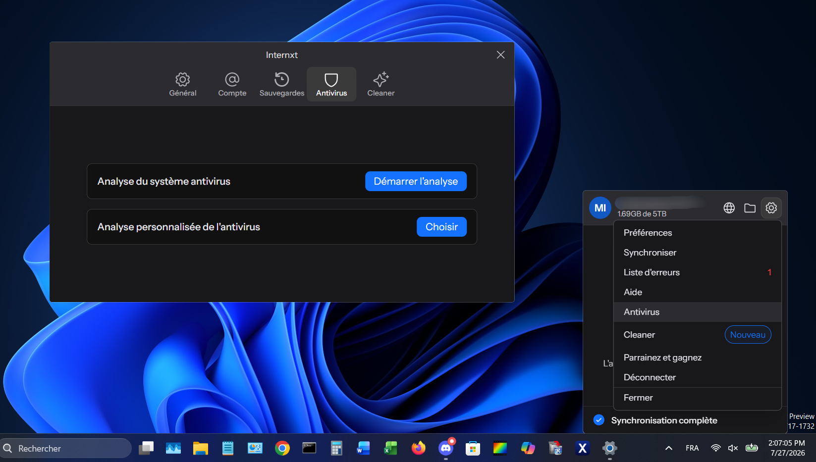 Pour trouver l'antivirus d'Internxt, il faut ouvrir... les paramètres du Drive. Logique. © Clubic