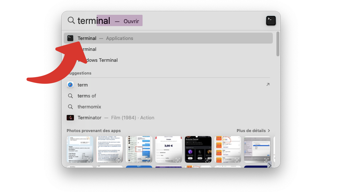 Trouver le Terminal dans Spotlight © Clubic