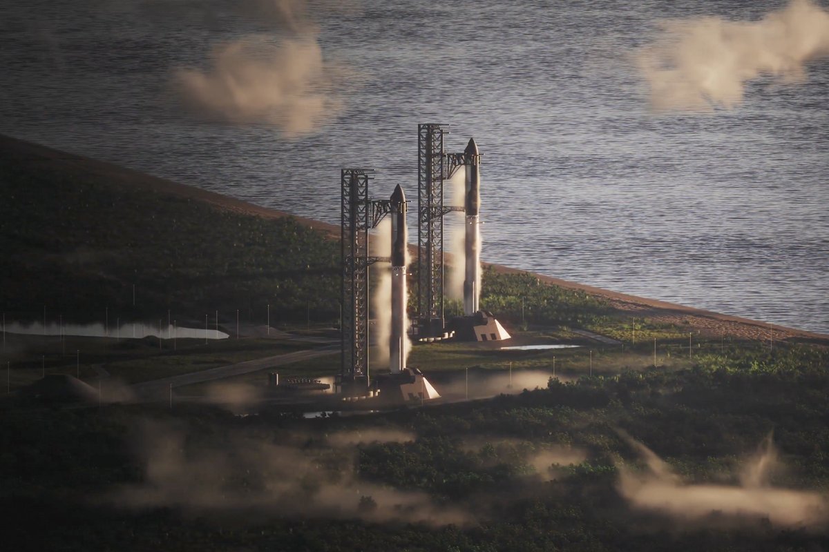 Illustration de deux fusées Starship au Cap Canaveral. ©SpaceX
