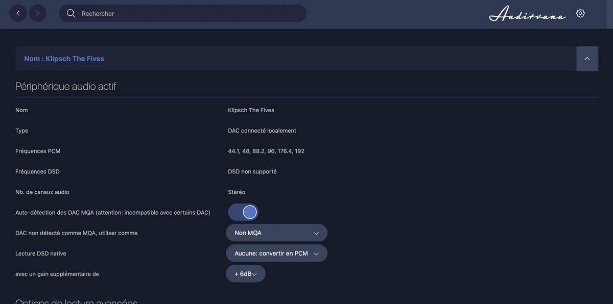 Dans l'application Aurdirvana, la liste des fréquences d"échantillonnage supportées jusqu'à 192 kHz