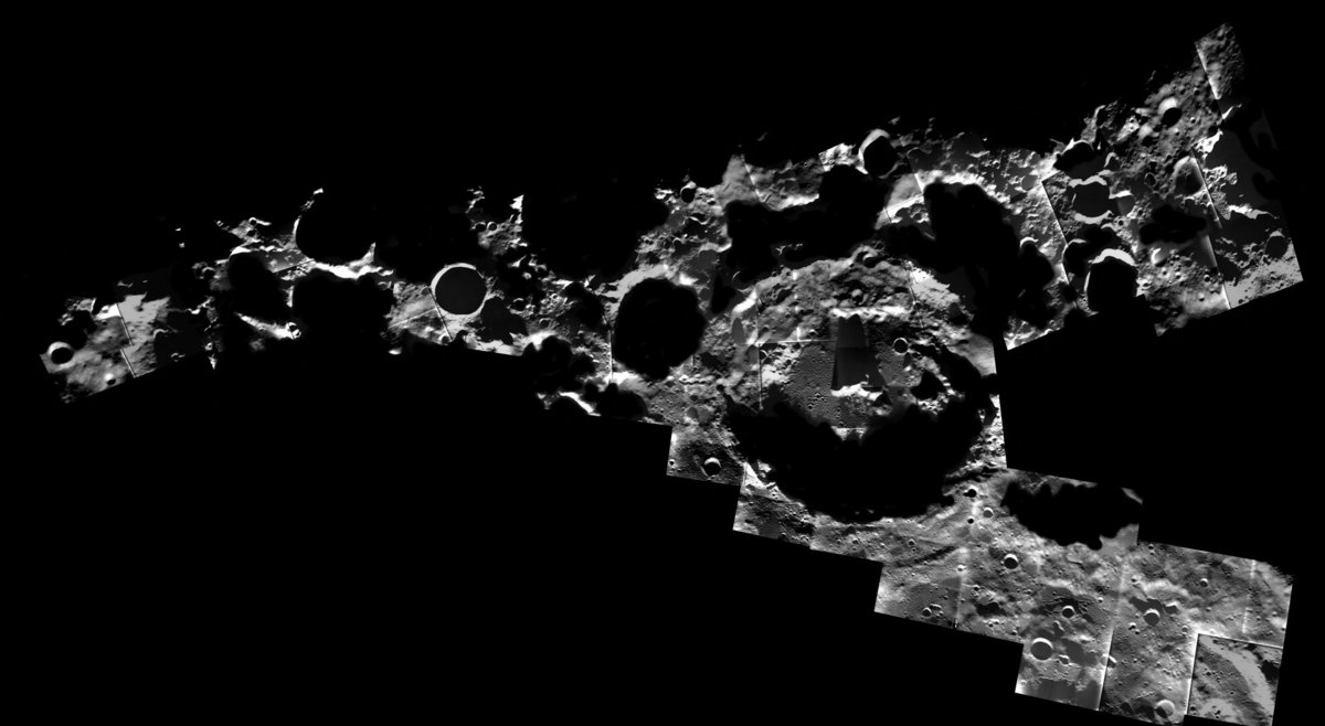 Les sombres cratères du Pôle Sud Lunaire... © ESA/SMART-1/AMIE camera team; image mosaic: M. Ellouzi/B. Foing, CC BY-SA 3.0 IGO