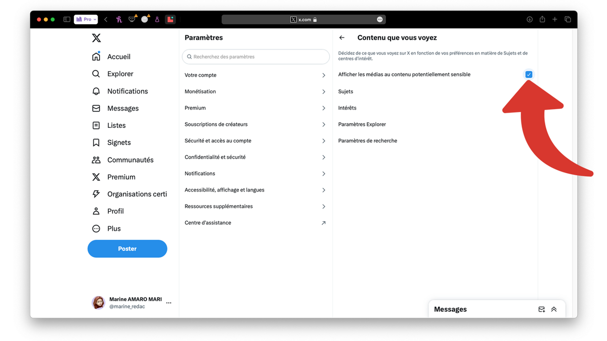Activer Afficher les médias au contenu potentiellement sensible pour enlever les filtres, la censure de Twitter / X © Clubic