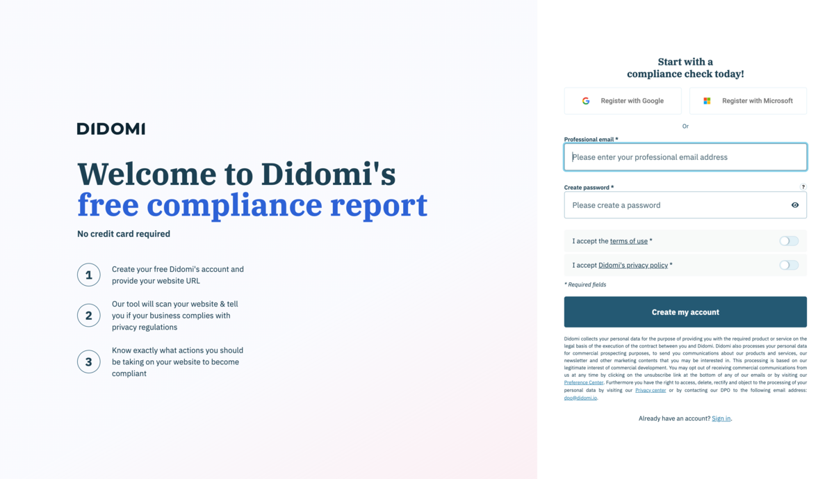 Commencez à évaluer la conformité de votre site web avec le rapport de conformité gratuit de Didomi.