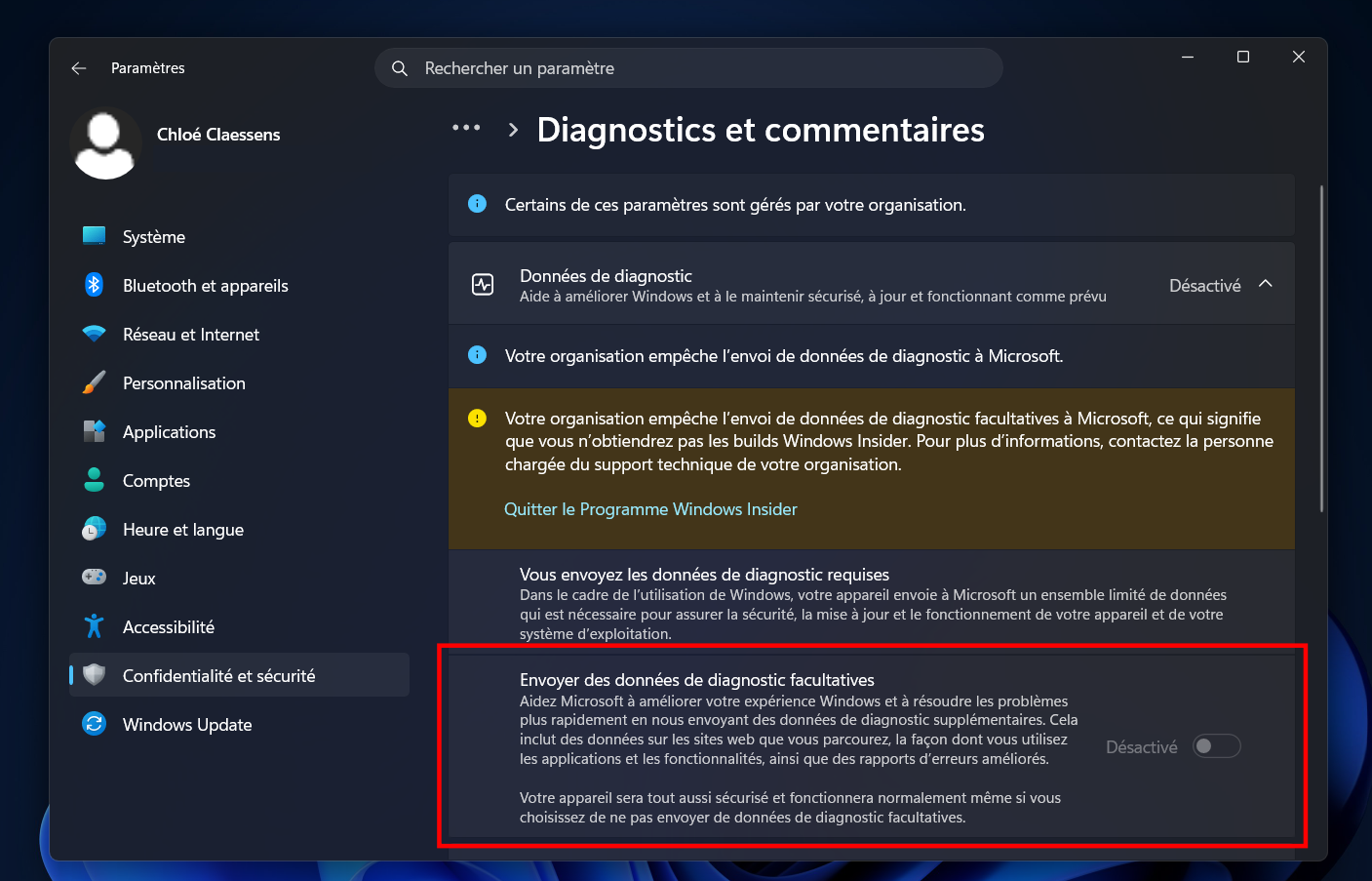 Désactivez l'envoi des données de diagnotic facultatives dans Windows 11. © Clubic