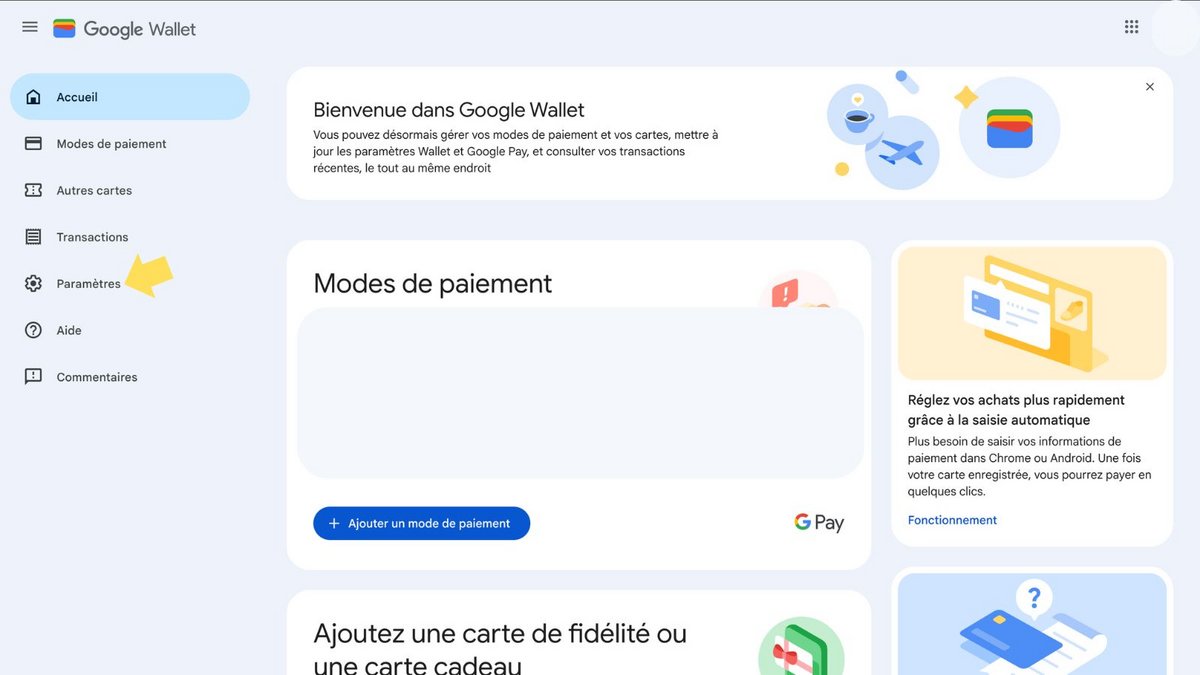 Allez dans les paramètres de Wallet. ©Google