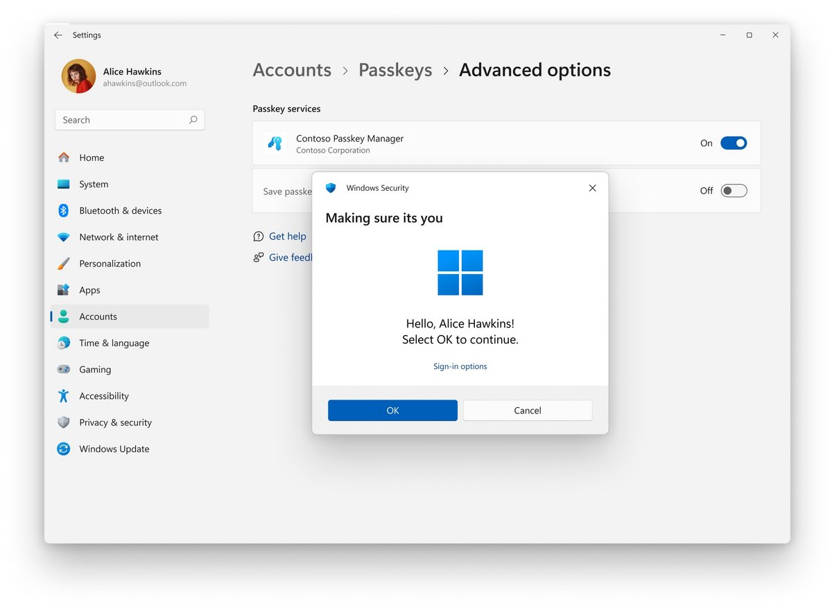 Près de trois mois après l'annonce, Windows 11 prend enfin en charge les gestionnaires de passkeys tiers. © Microsoft