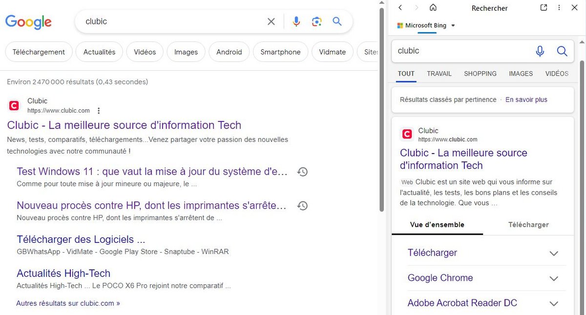 L'affichage de la fenêtre principale (via Google) est automatiquement synchronisé dans la barre latérale (ici avec Bing) © Stéphane Ficca / Clubic