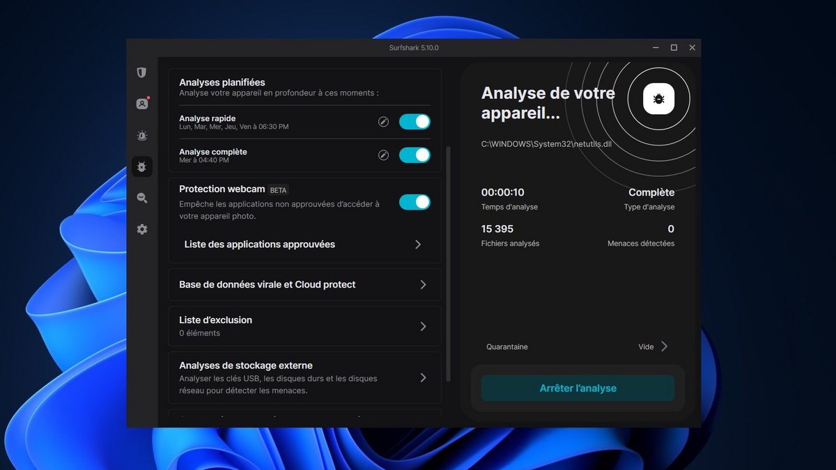 Surfshark Antivirus - En fonction du nombre de fichiers et d'emplacements à scanner, les analyses complètes peuvent être très longues © Clubic