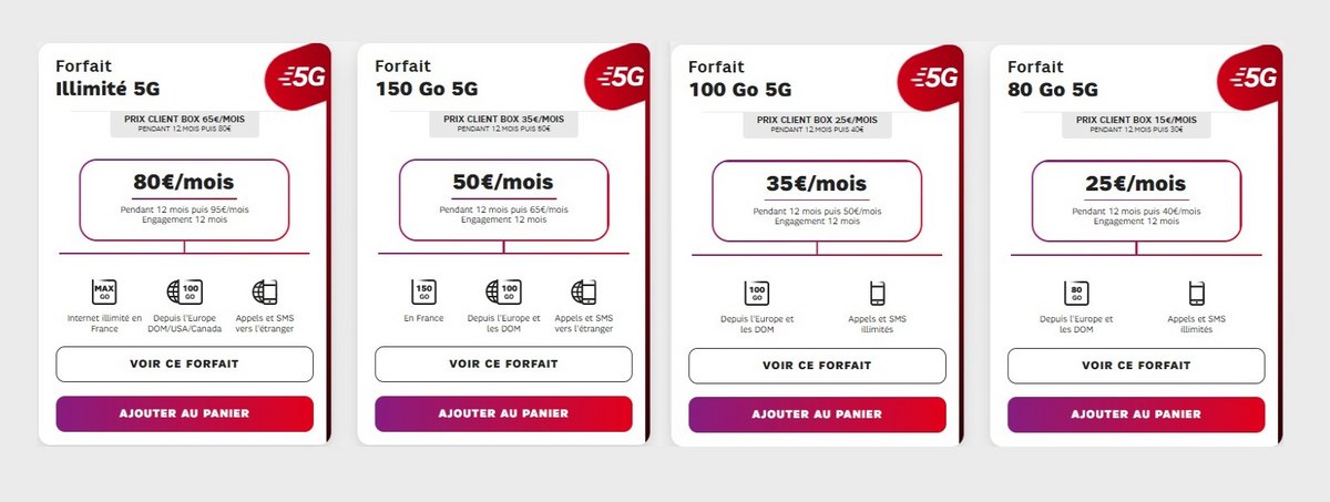 Capture d'écran des quatre principaux forfaits 5G de l'opérateur