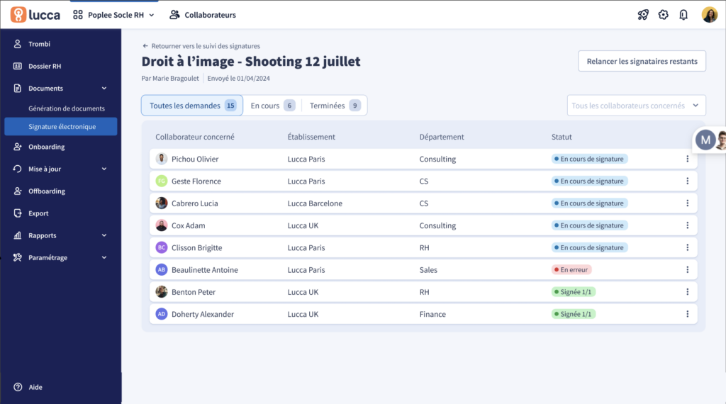 La fonctionnalité de signature en masse vous permet de suivre la signature de documents importants de vos collaborateurs, facilitant ainsi les processus administratifs - © Lucca
