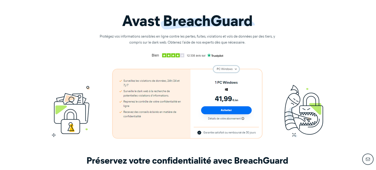 Page d'accueil du logiciel Avast BreachGuard © Avast Software