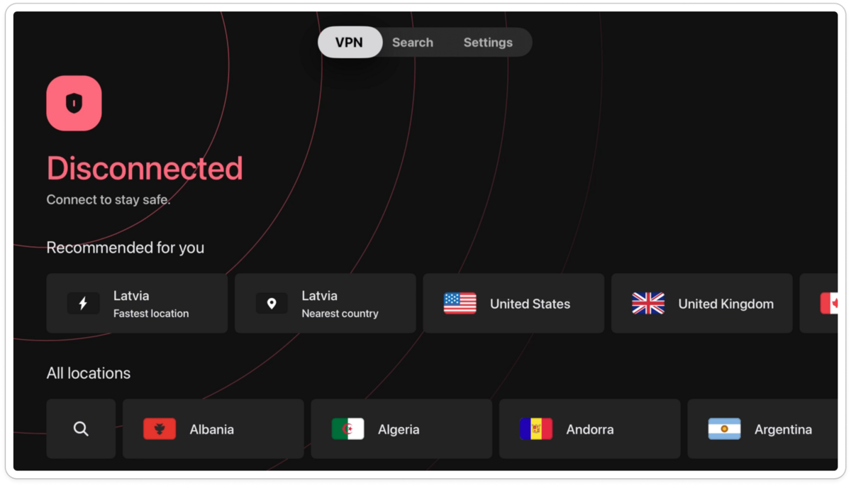 Une vraie interface sur tvOS : adios Smart DNS ! © Surfshark