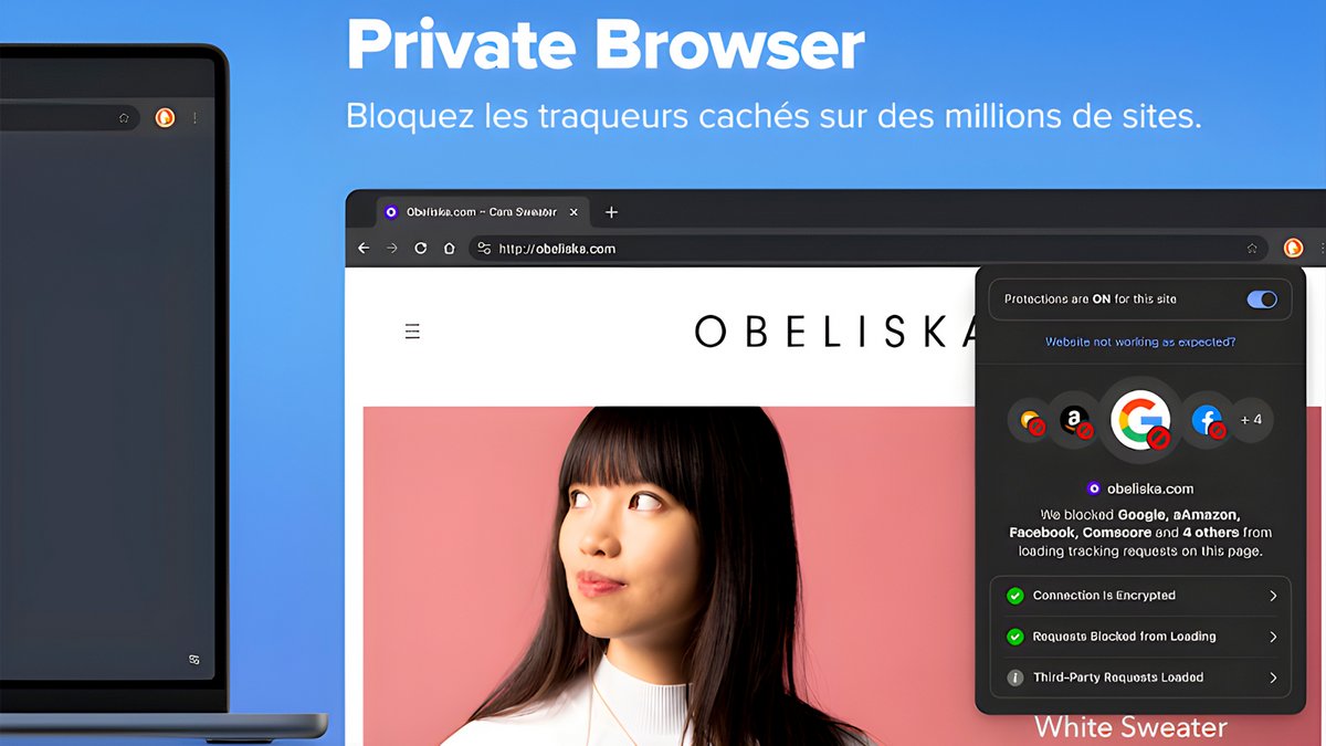 L’extension renforce la confidentialité en bloquant fingerprinting, tracking avancé et scripts publicitaires, tout en affichant un score de sécurité et en accélérant parfois le chargement des pages - © DuckDuckGo