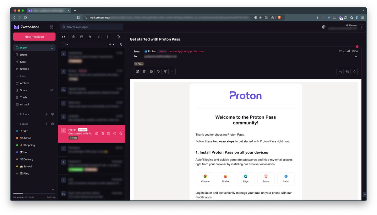 L'interface de Proton Mail