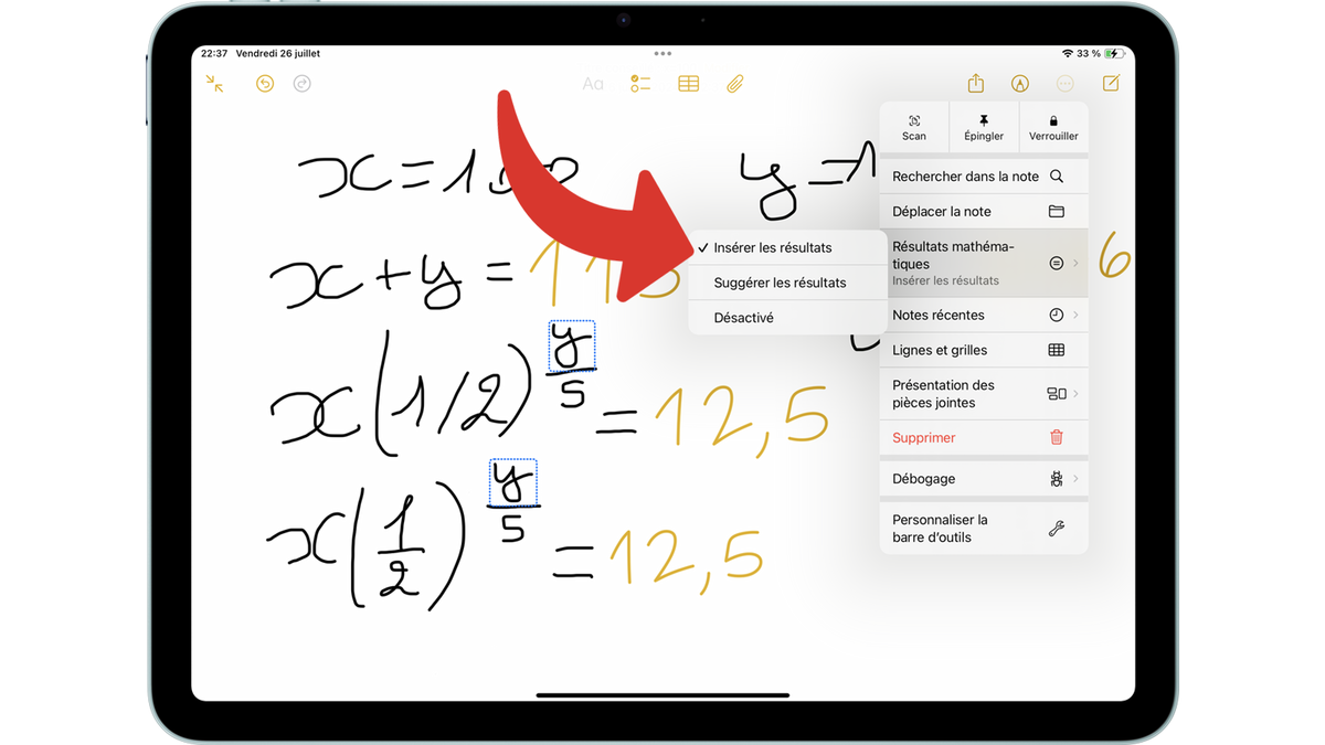 Choisir comment résoudre les calculs dans les notes mathématiques avec iPadOS 18 © Clubic